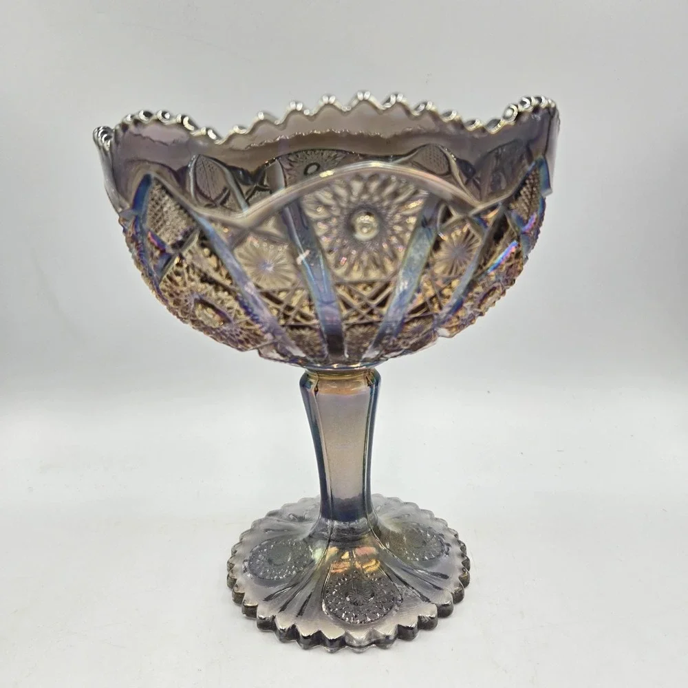 Vintage Imperial Glass Octagon Compote Smoke Carnival Glass Pedestal Candy Dish